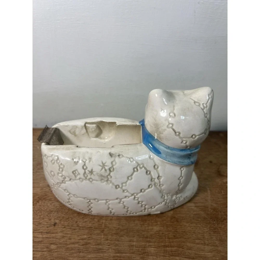 Vtg Ceramic Cat Tape Dispenser Hippy Celestial Ceramic Animal Wizard Stars Witch